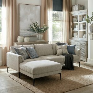 Zephra Three Seater Sofa With Footstool Modern neutral textured 3-seater sofa with matching footstool chaise in a bright living room